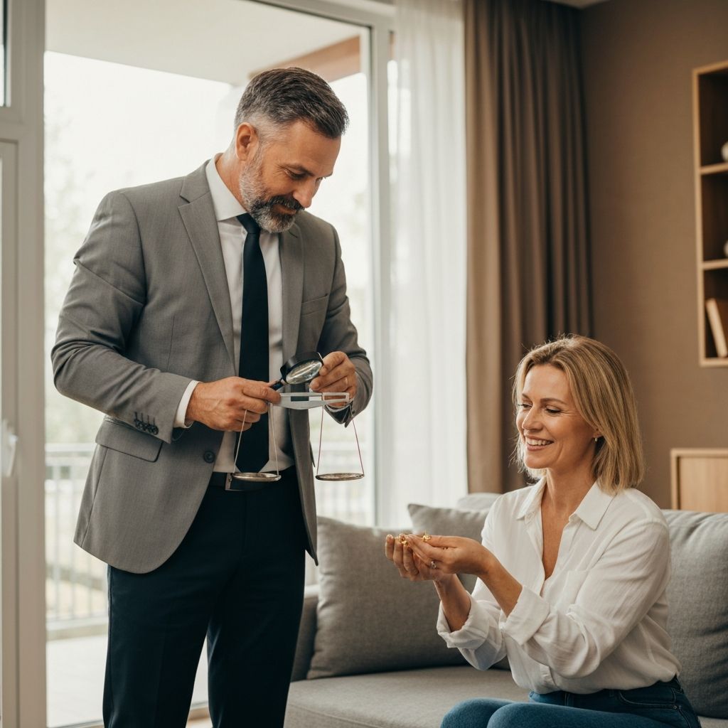 Professional gold buyer visiting customer at home