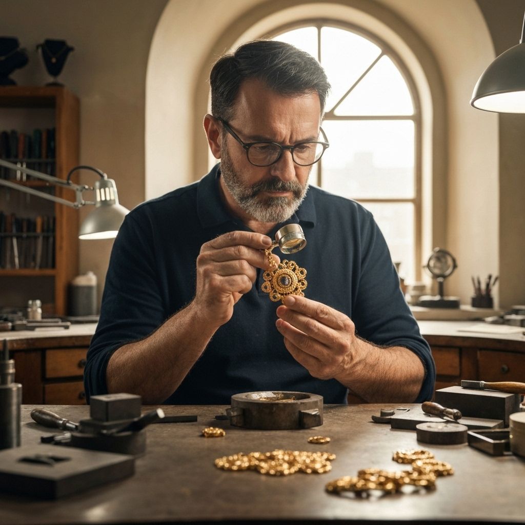 Professional gold appraiser examining jewelry